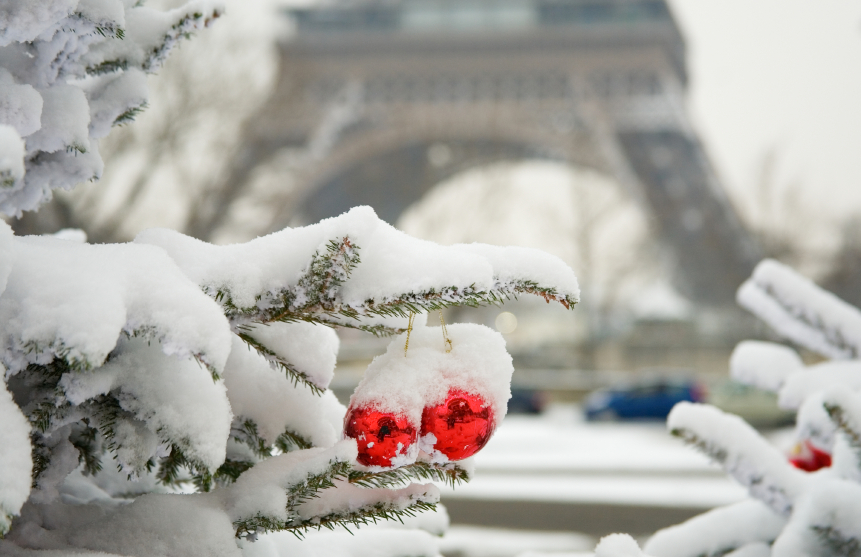 Rare snowy day in Paris. Decorated Christmas tree and the Eiffel tower