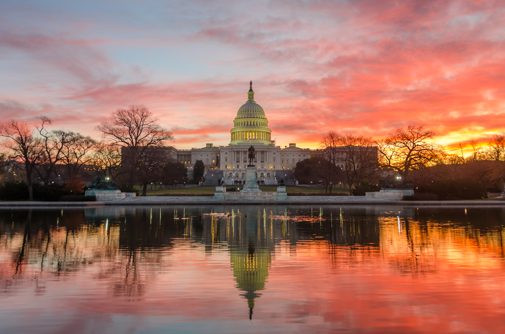Sunset views of the US Capitol Building in Washington DC. 