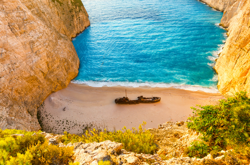 A world-famous shipwreck and a beautiful beach in Zante, Greece. 