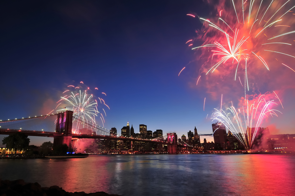 Fireworks on Brooklyn Bridge in New York